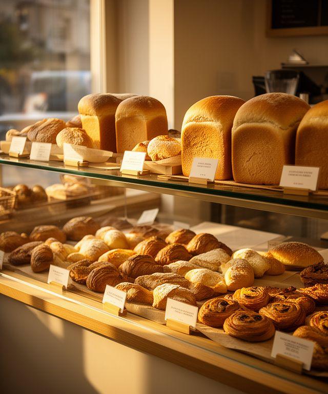 Local bakery counter with fresh loaves, pastries, and warm morning light through the front window