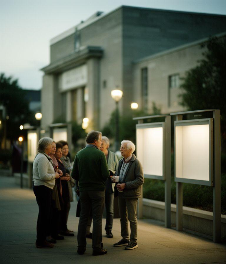 Residents outside a civic hall in Washington discussing local matters beside notice boards and evening streetlights