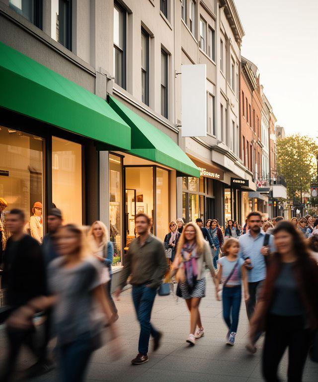 Bustling main street with shopfronts, hanging signs, and pedestrians walking past a new business opening