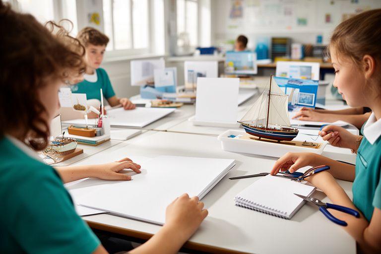Students and teachers in a bright classroom preparing maritime project boards with notebooks and model boats