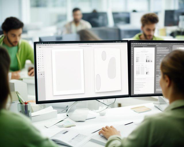 Editorial team reviewing a digital issue layout beside monitor screens in a bright newsroom