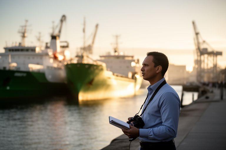 Reporter standing on a harbour promenade beside moored vessels at sunrise with notebooks and a camera