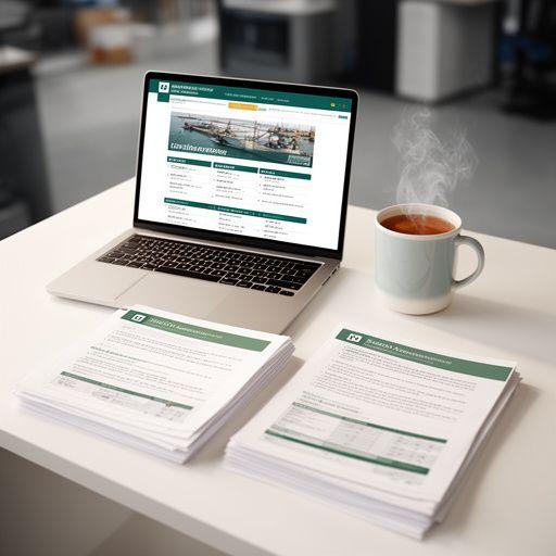 Newsroom desk with a laptop, printed pages, and a steaming mug beside a harbour briefing board