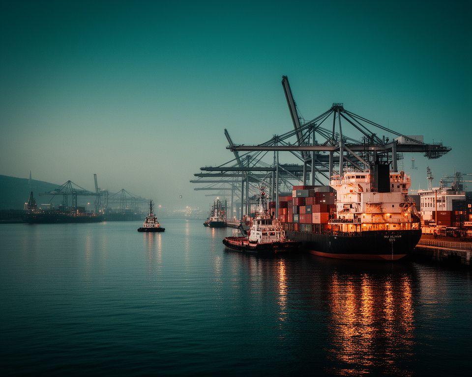 Harbour reporter photographing container cranes and small vessels at a busy Washington port at dusk